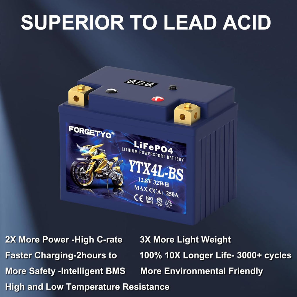 YTX4L-BS Lithium Motorcycle Battery, ATV Battery 12V 2.5AH 250CCA Compatible with Scooter, Snowmobile, Jet Ski, Scooter, PWC & More