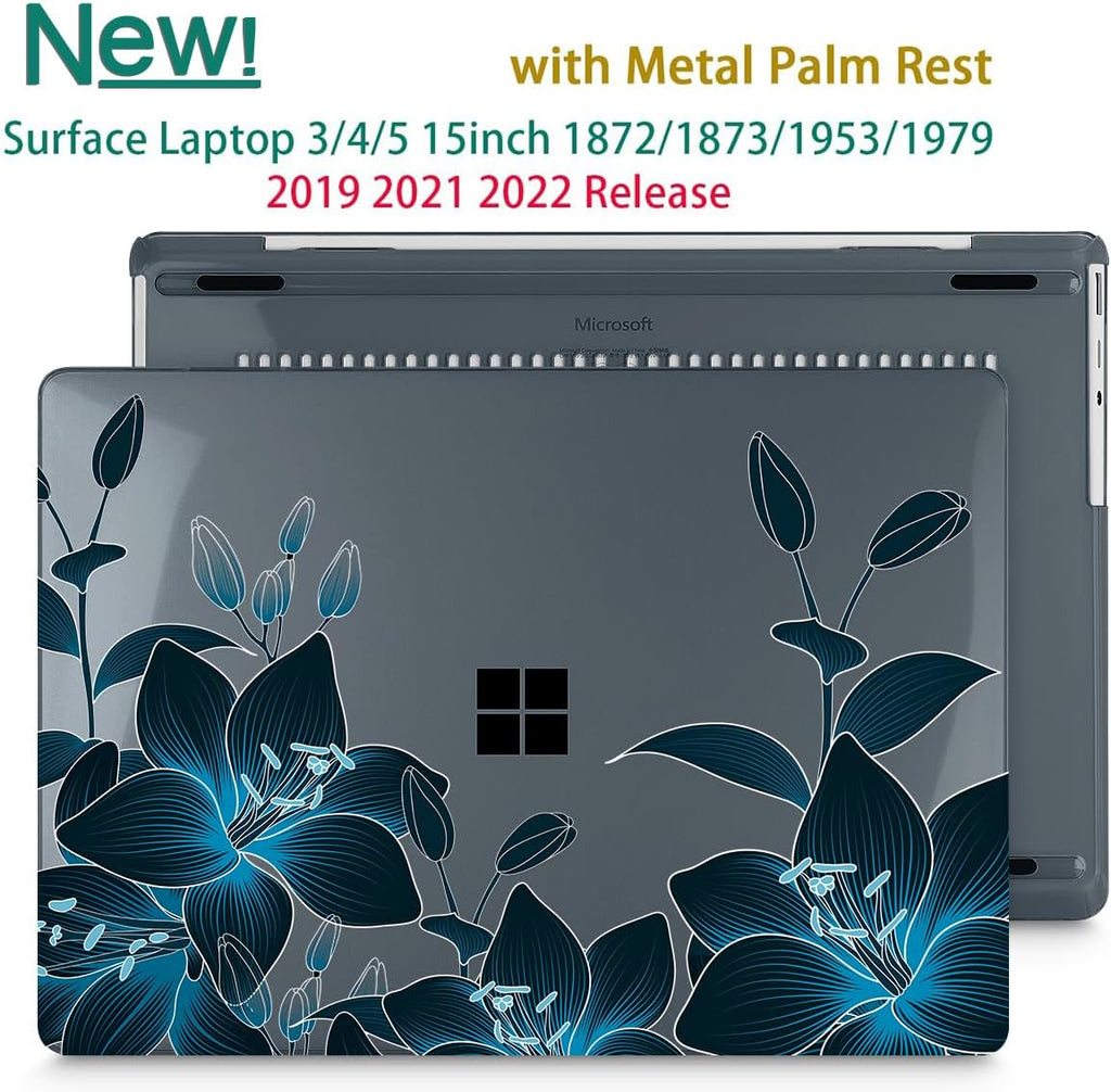 Tuiklol Case for 15 Inch Microsoft Surface Laptop 5/4/3 2022-2020, Model 1979/1953/1872/1873 Hard Shell Cover, Keyboard Cover+Screen Protector+Dust Plugs,Black Lilies Flowers