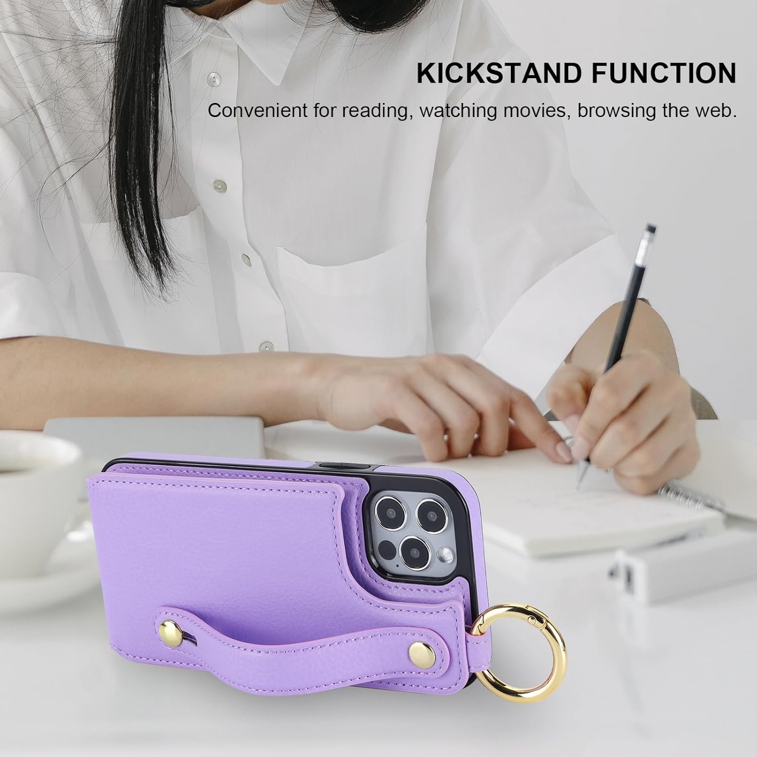 Folosu for iPhone 12/12 Pro Wallet Case with Card Holder, Hand Wrist Strap Loop Holder Kickstand, RFID Blocking Finger Grip Ring PU Leather Double Buttons Shockproof Cover 6.1" Purple