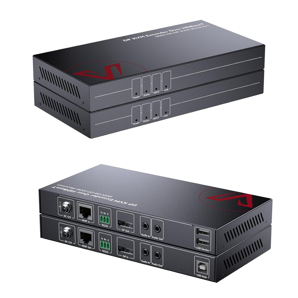 AV Access HDBaseT DisplayPort KVM Extender, Zero Latency, 4k@30Hz/1080P@120Hz, DP 1.2 PoE Extender, 2 USB 2.0 Ports for Keyboard and Mouse, EDID, Over Single Cat5e/6/6a/7 Up to 330ft (4KEX100-DP-KVM)
