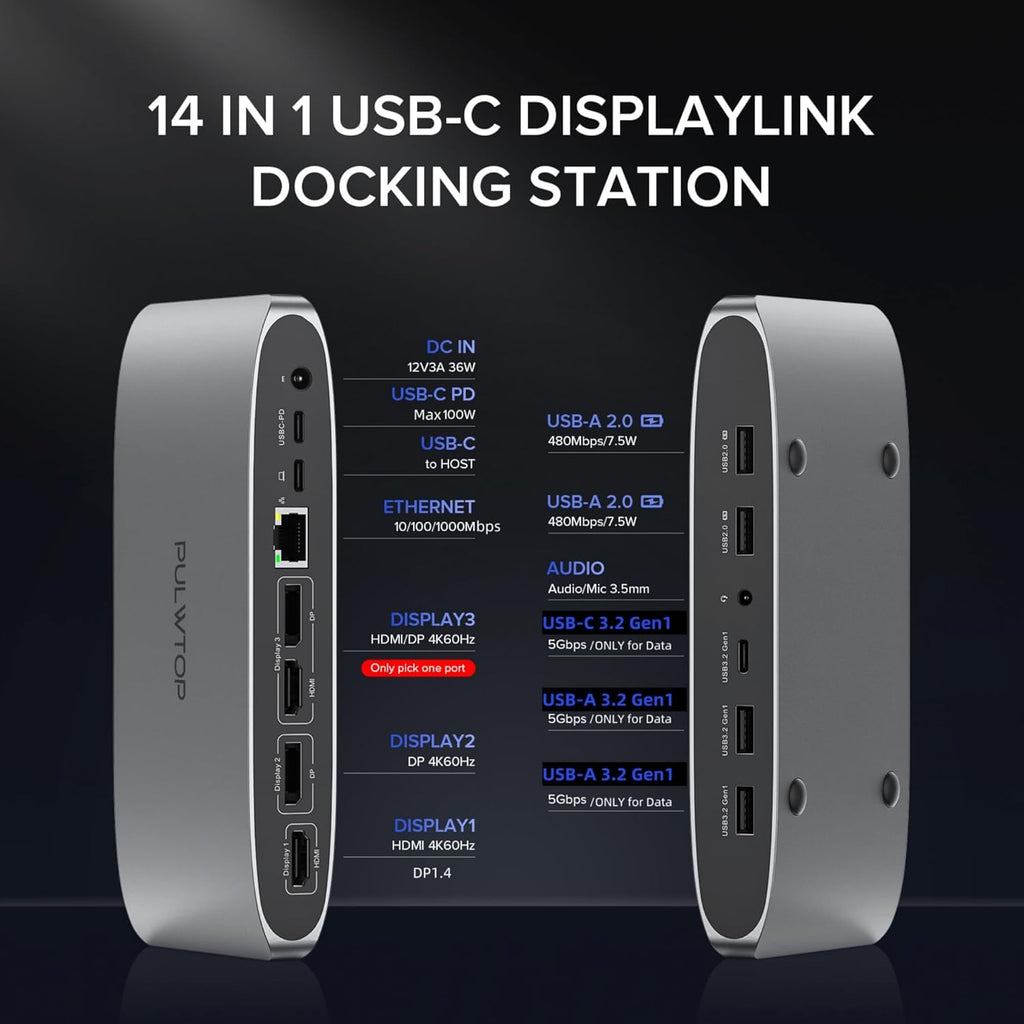 Displaylink Docking Station, Triple Display DisplayLink Dock for MacBook M1/M2/M3 Windows, 4K@60Hz Laptop Docking Station with 2 HDMI, 2 Display Port, PD, USB C Data, 4 USBA, Ethernet, Audio