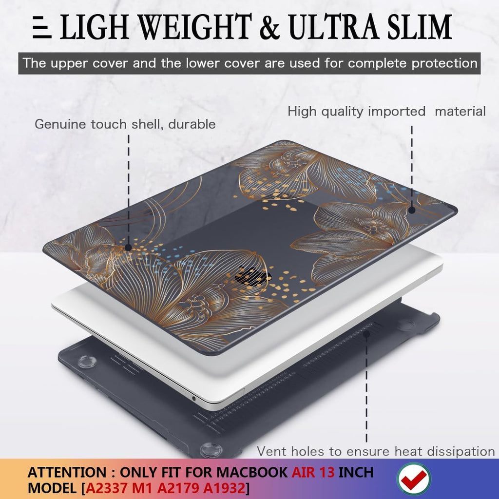 CISSOOK for MacBook Air 13 inch Case 2021 2020 2019 2018 Model M1 A2337 A2179 A1932, Black Hard Shell Case & Keyboard Cover & Screen Protector for MacBook Air 13 with Touch ID, Gorgeous Gold Floral