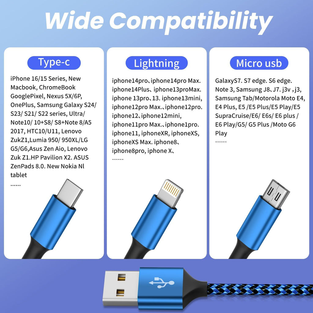 Multi Charging Cable(3Pack 4FT), 3 in 1 Charging Cable for Multiple Devices, USB-A Multi Charger Cord with Type-C, Micro USB and IP Port for iPhone 16/15/14/13/iPad/Android/Tablets and More