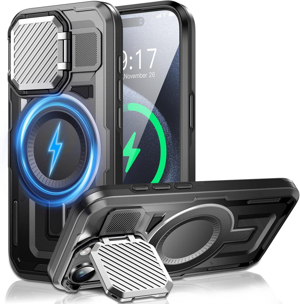 Camera Stand Case for iPhone 15 Pro, [Compatible with MagSafe] [Lens Cover] 2024 Version Military Grade Protective Soft Case for iPhone 15 Pro 6.1 inch Men Women, Black