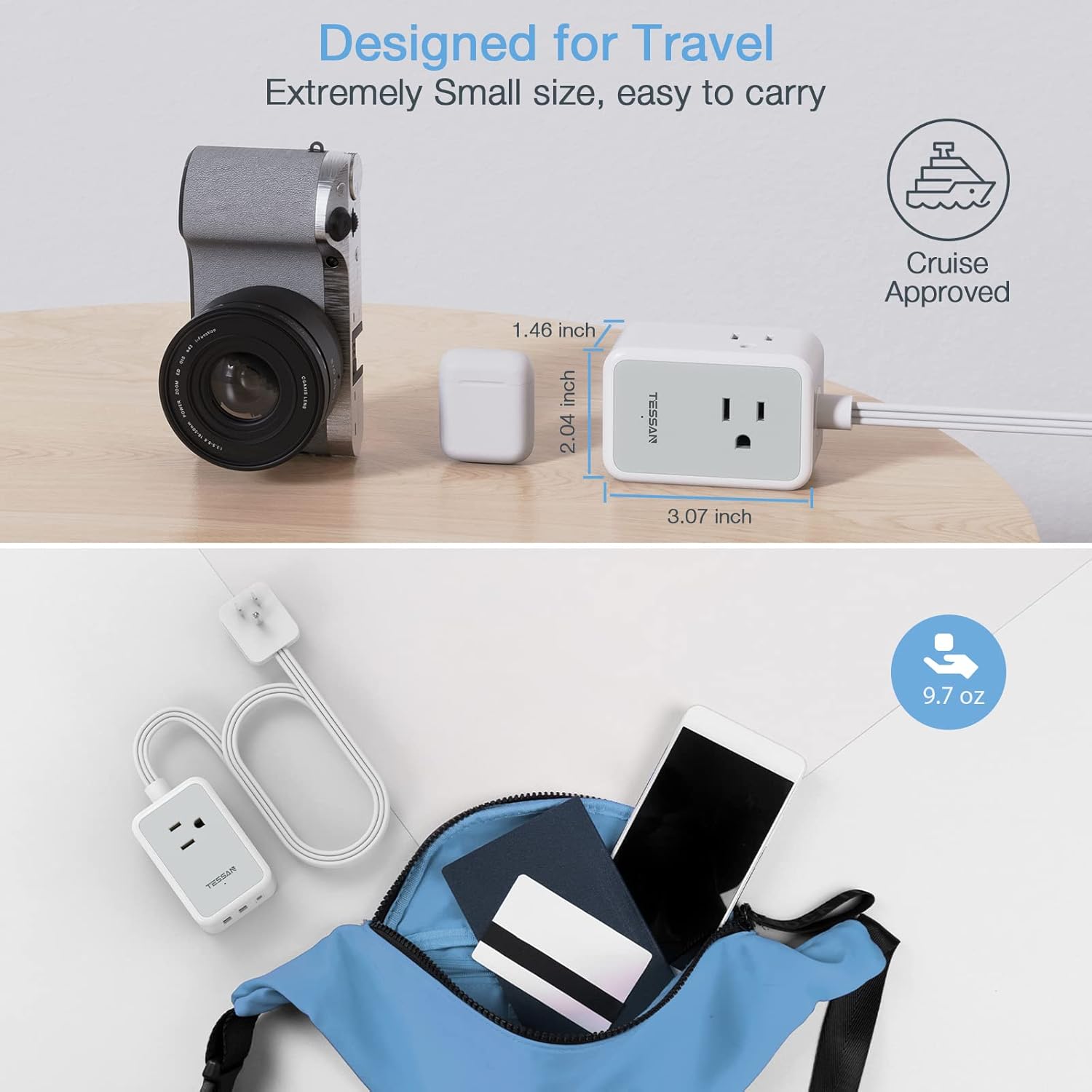 TESSAN Small Flat Plug Power Strip, Ultra Thin Extension Cord with 3 USB Wall Charger (1 USB C), 3 Outlets Mini Charging Station, 5 ft Slim Plug for Cruise Travel Office School Dorm Room Essentials