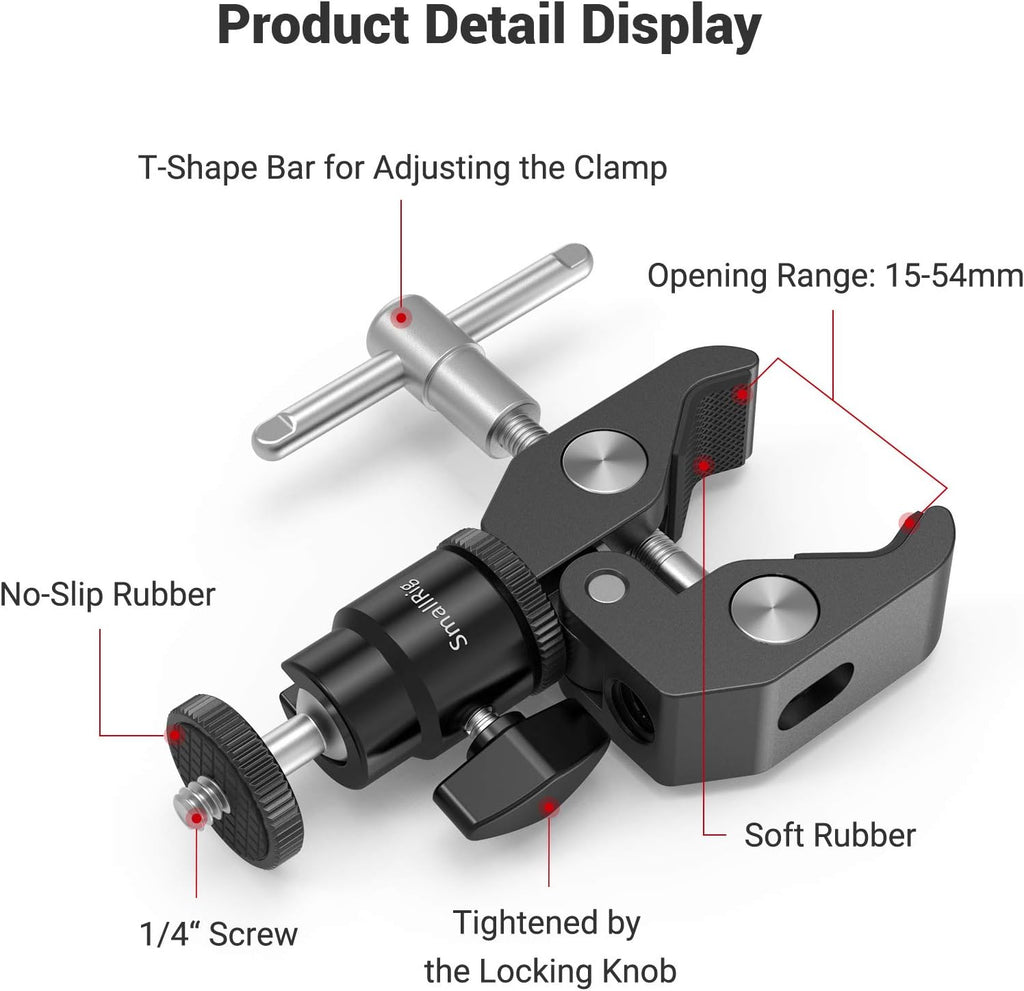 SmallRig Super Clamp Mount with Mini Ball Head Mount, Hot Shoe Adapter with 1/4 Screw for LCD Field Monitor, LED Lights, Flash, Microphone, for Gopro, for DJI Action 2, for Insta360