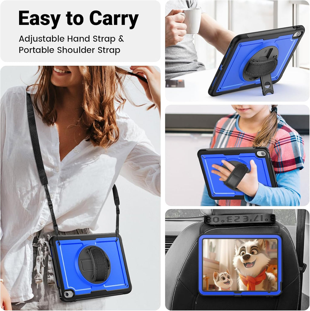 SCSVPN Case for iPad (A16) 11th Generation 11 Inch 2025 / 10th Generation 10.9 Inch 2022, Shockproof Protective Case with Screen Protector, Pencil Holder, Rotating Stand, Hand/Shoulder Strap - Blue