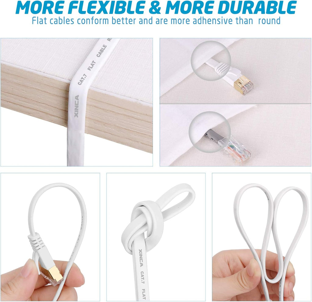 Cat 7 Flat Ethernet Cable 100ft White, High Speed 10GB Shielded (STP) LAN Internet Network Cable Ethernet Patch Computer Cable with Rj45 Connectors and 50pcs Adhesive Cable Clips