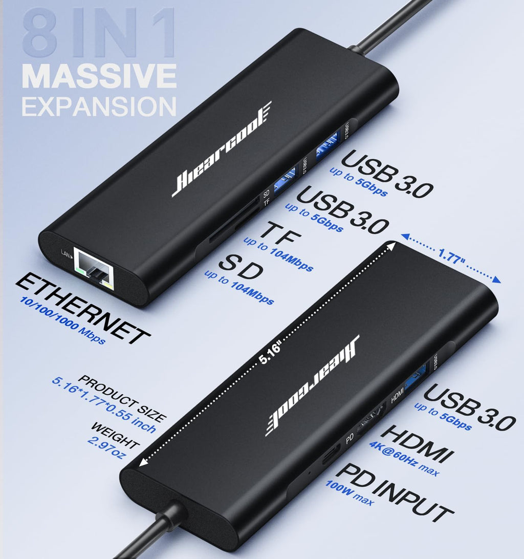 Hiearcool USB C Hub, USBC to 4K@60 Hz HDMI Adapter with 100W PD, 8-in-1 USB-C Dongle Multiport Dock Compatible for MacBook Dell Lenovo HP Laptops-Midnight Black