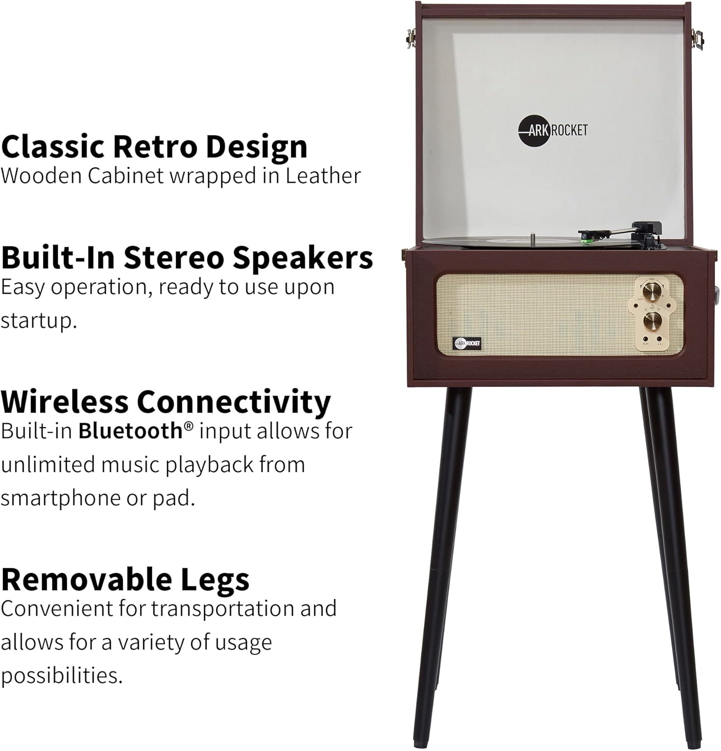 Arkrocket 3-Speed Bluetooth Record Player Retro Turntable with Built-in Speakers and Removable Legs [ Limited Edition ] (Brown)