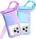 Floatable Waterproof Phone Pouch Case 2 Pax for iPhone 16 Pro Max/15/14/13/12, IP68 Travel Cellphone Dry Bag Beach Cruise Ship Essentials Bags with Crossbody Lanyard, Iridescent Purple and Blue-7″