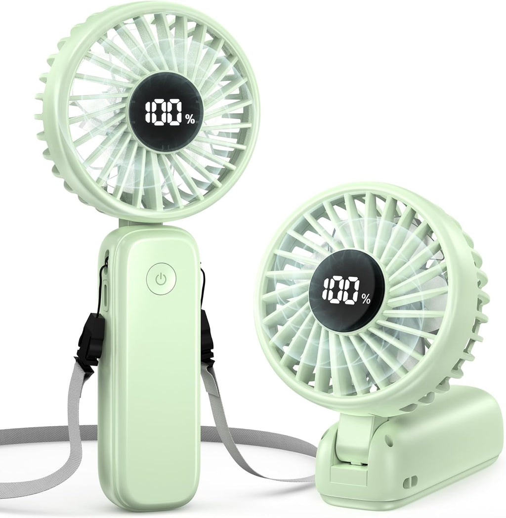 Portable Handheld Fan, 5000mAh Rechargeable Battery, Max 15H Cooling, 4 Speeds, LED Display, Foldable Design, 3-IN-1 Personal Pocket Fan with lanyard for Travel Outdoors Makeup Concert Commute