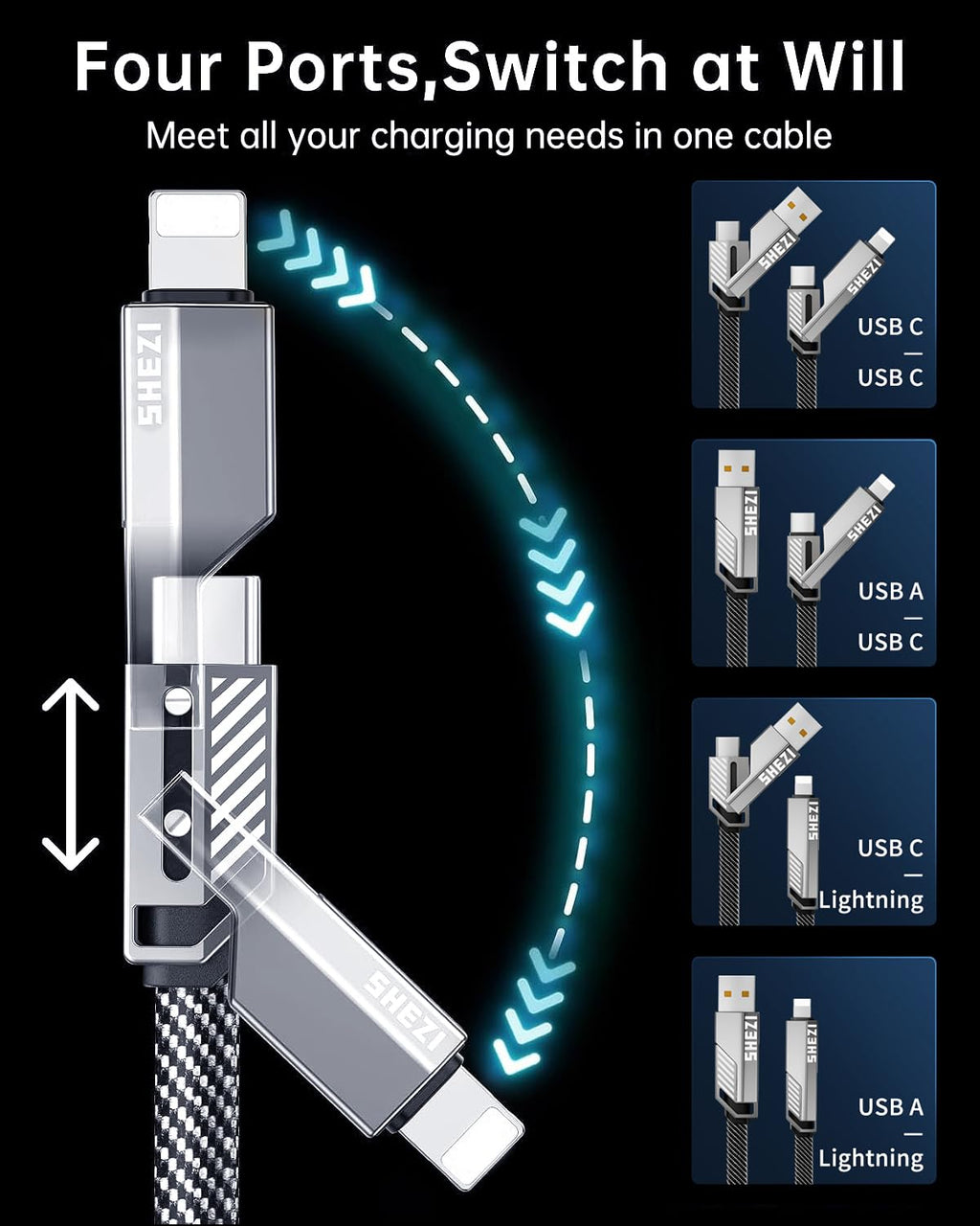 SHEZI [Upgraded 2.0] 4-in-1 Long USB C Cable 60W 10FT Fast Charging [480Mbps Data Transfer] Flat Braided Multi Charger Cord Wire Combo with L/USB C/A Port for iPhone/iPad & All Devices, Grey
