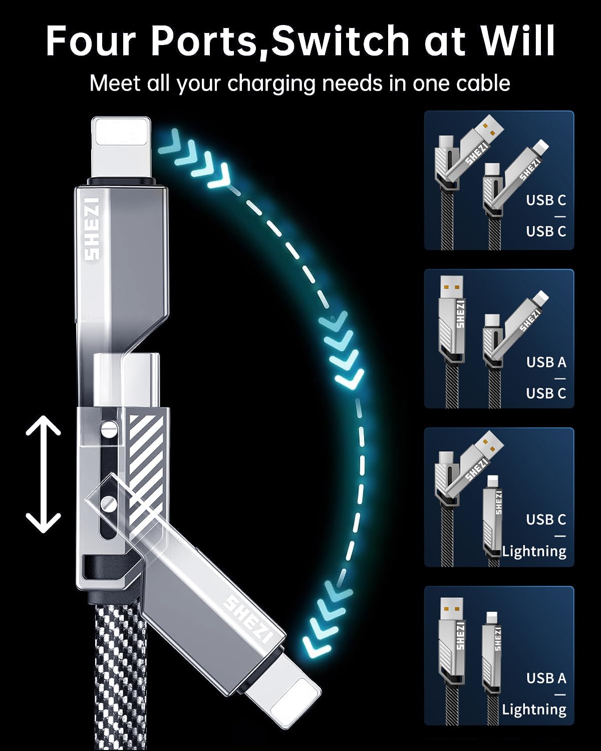 SHEZI [Upgraded 2.0] 4-in-1 Long USB C Cable 60W 10FT Fast Charging [480Mbps Data Transfer] Flat Braided Multi Charger Cord Wire Combo with L/USB C/A Port for iPhone/iPad & All Devices, Grey