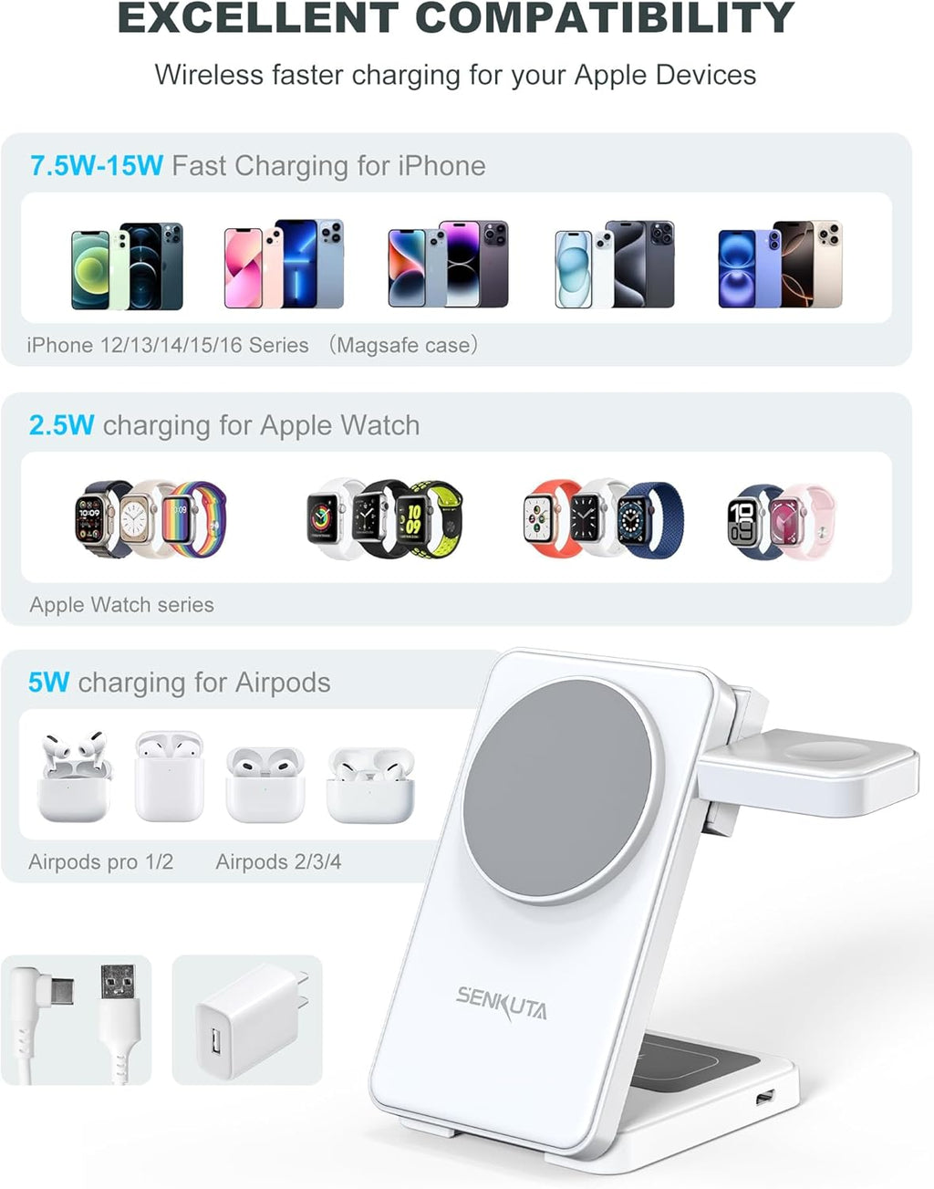 2025 Upgraded Wireless Charger for Apple: 3 in 1 Charging Station Foldable Fast for Apple iPhone 16/15/14/13/12 Max Plus Series - Portable Travel Charger for Apple Watch/Airpods Pro (White)