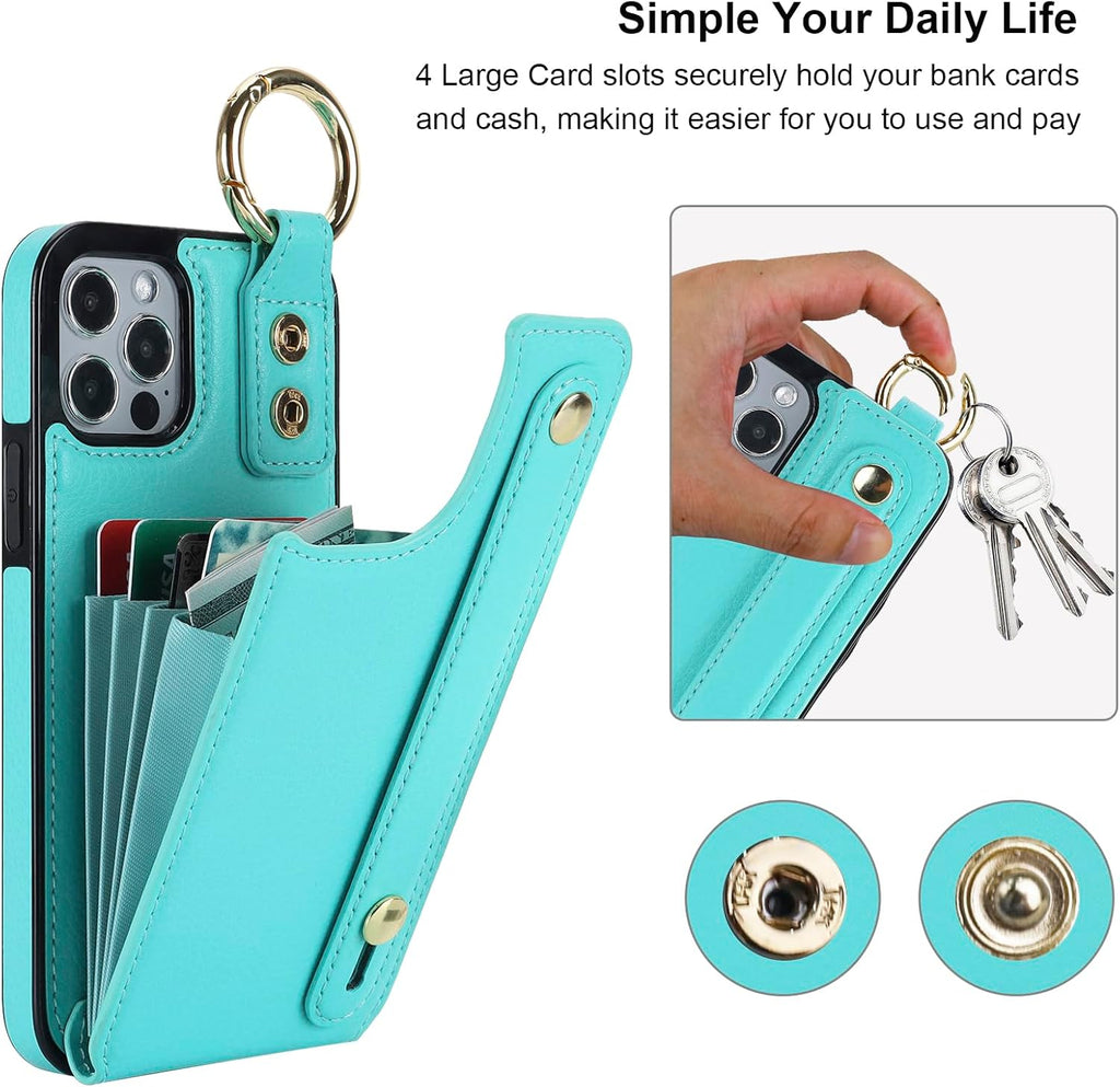 Folosu for iPhone 12/12 Pro Wallet Case with Card Holder, Hand Wrist Strap Loop Holder Kickstand, RFID Blocking Finger Grip Ring PU Leather Double Buttons Shockproof Cover 6.1" Green
