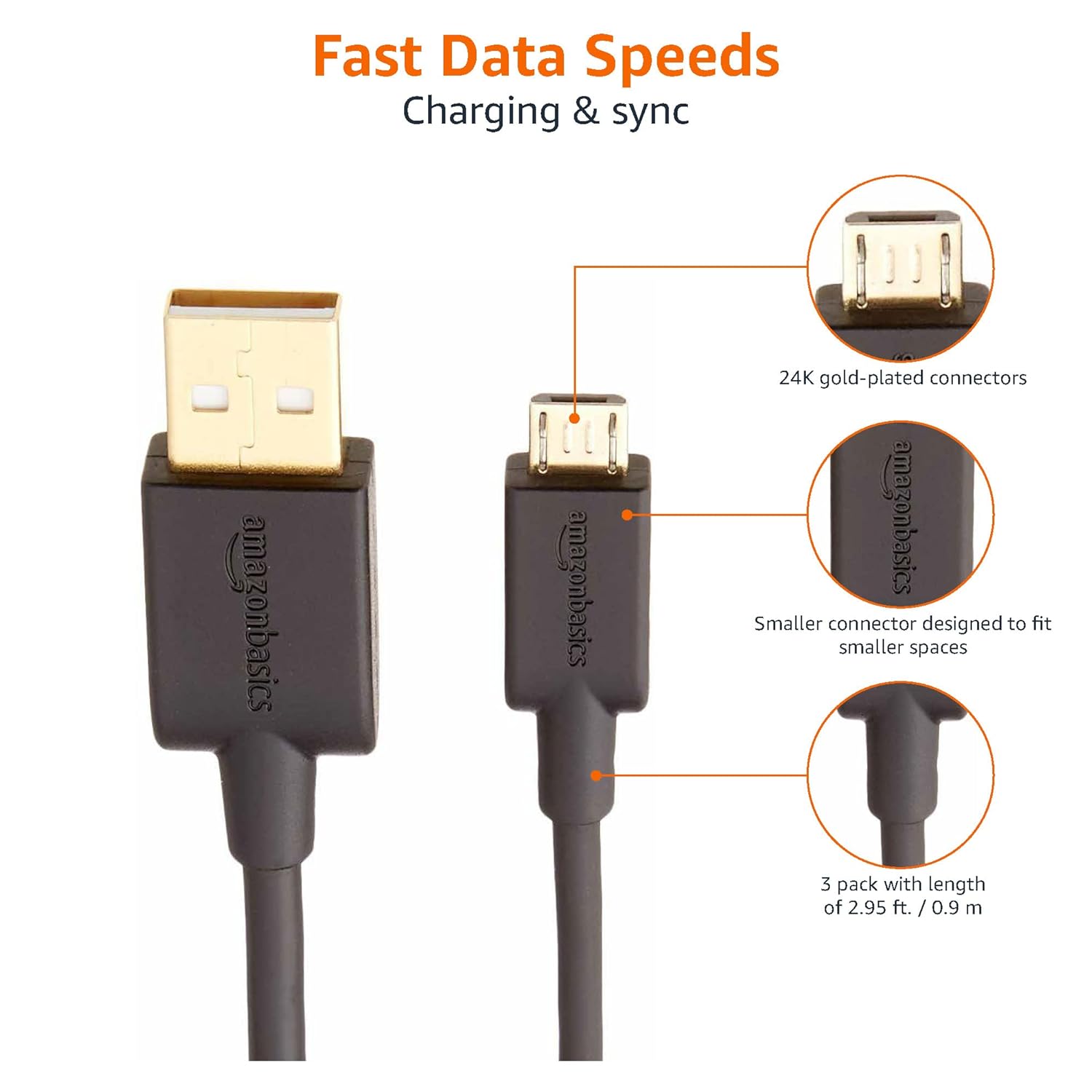 Amazon Basics 3-Pack USB-A to Micro USB Charging Cable, 480Mbps Transfer Speed with Gold-Plated Plugs, USB 2.0, 3 Foot, Black