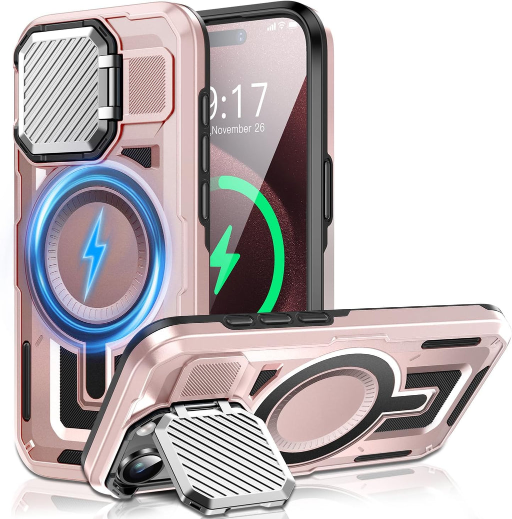 Camera Stand Case for iPhone 15 Pro, [Compatible with Mag Safe] [Lens Cover] 2024 Version Military Grade Protective Soft Case for iPhone 15 Pro 6.1 inch Men Women, Pink