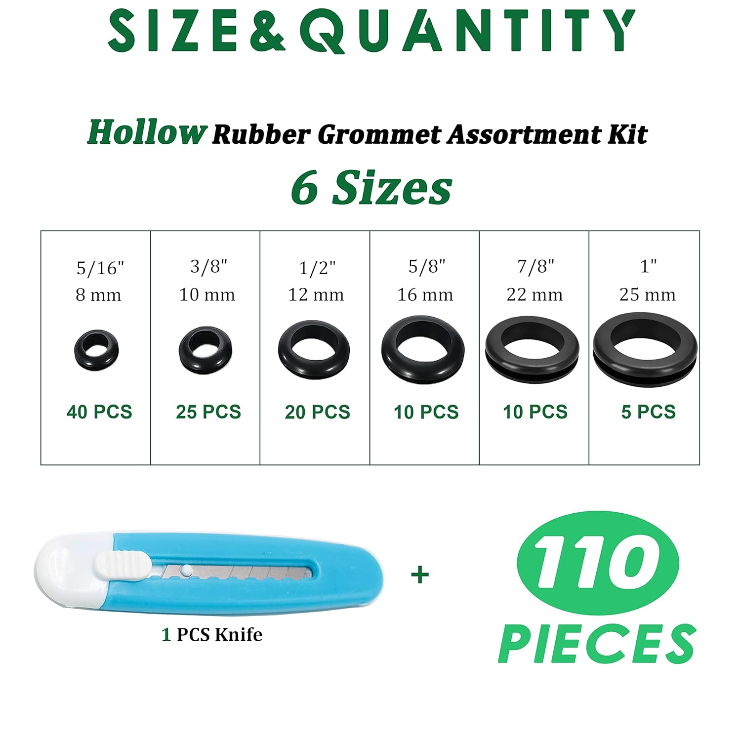 110 Pcs Rubber Grommets for Wiring - Rubber Grommet Assortment Kit 6 Sizes 5/16 3/8 1/2 5/8 7/8 1 Inch, Cable Hole Plug Firewall Automotive Wire Grommets Set for Sheet Metal, Hardware Repair