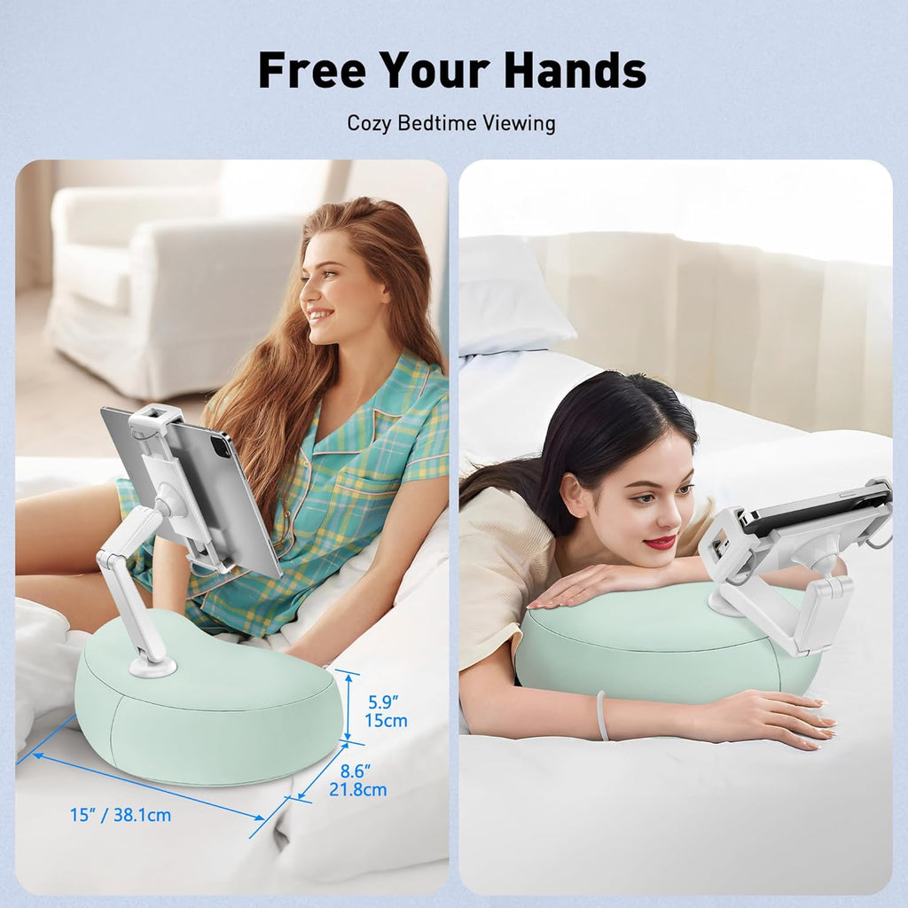 AboveTEK Tablet Pillow Stand for Bed, Hands-Free 360° Adjustable iPad Pillow Holder for Lap Reading w/Soft Bean Bag, Ideal Gift for Mom, Fits 4.7" to 12.9" Tablet, Phone, Kindle - Cyan