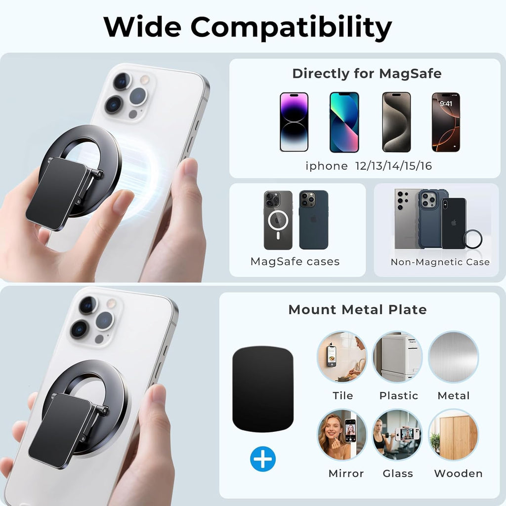 Dual-Side for Magsafe Phone Grip with Magnetic Phone Stand, Magnet Ring Holder for iPhone 16/15/14/13/12 Pro Max Series Magsafe Case, Strong Magnetic Car Mount, Gym Phone Holder