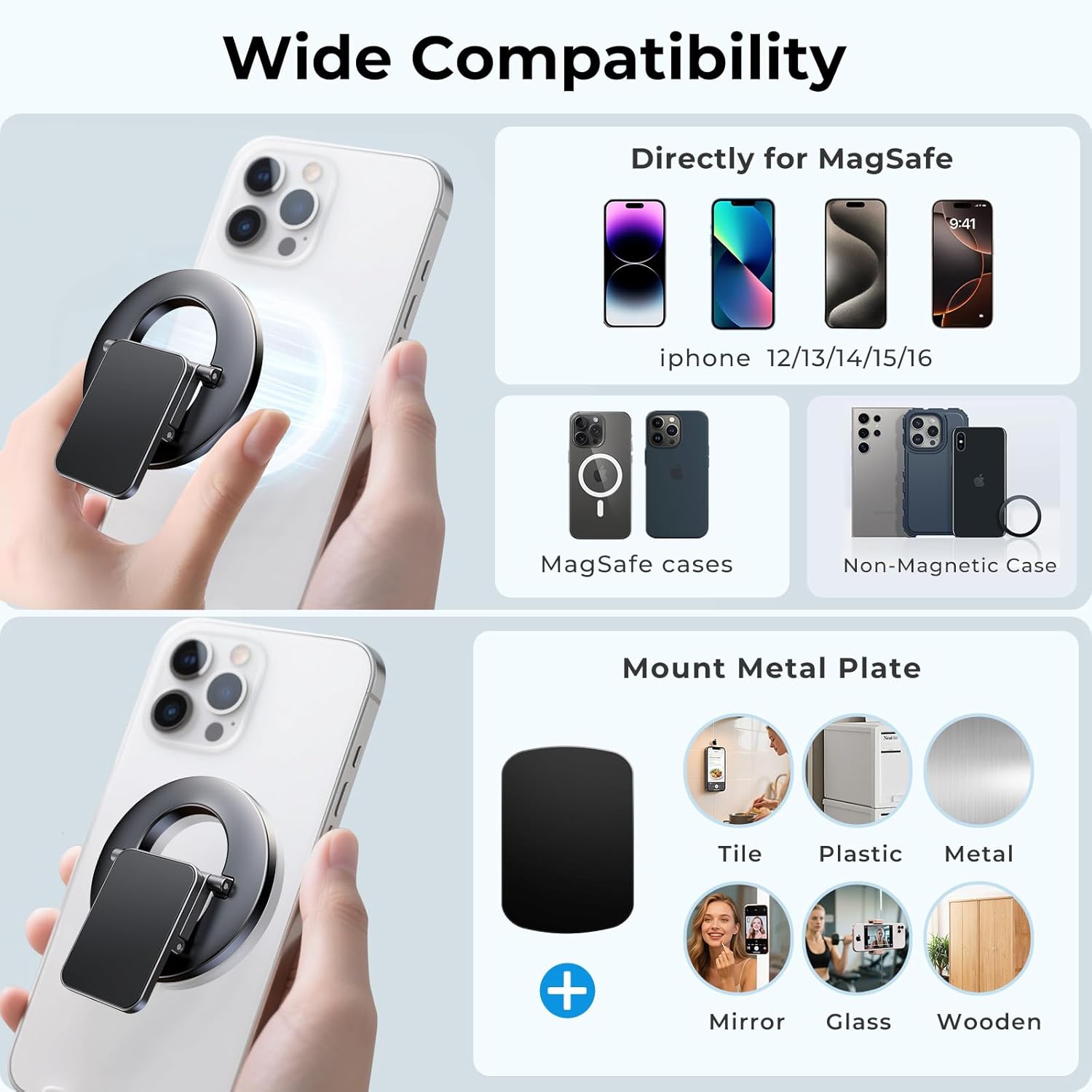 Dual-Side for Magsafe Phone Grip with Magnetic Phone Stand, Magnet Ring Holder for iPhone 16/15/14/13/12 Pro Max Series Magsafe Case, Strong Magnetic Car Mount, Gym Phone Holder