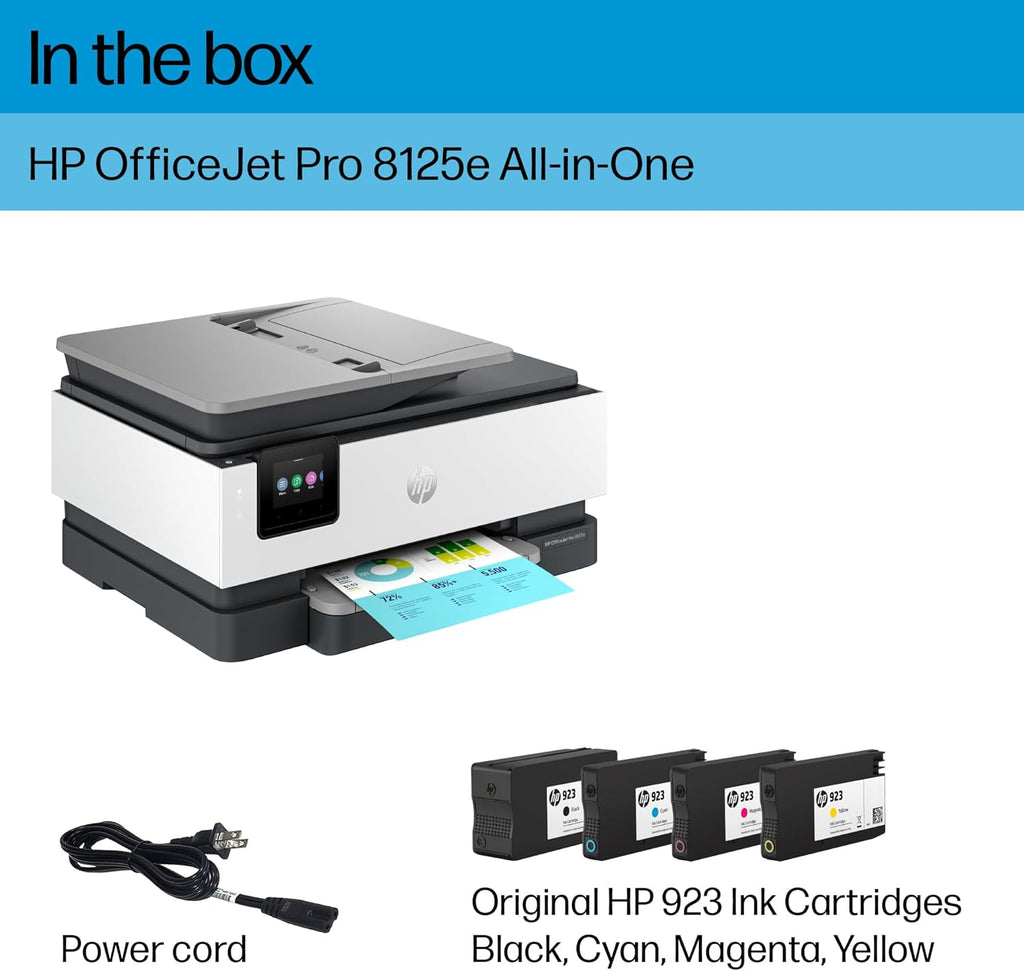 HP OfficeJet Pro 8125e Wireless All-in-One Color Inkjet Printer, Print, scan, Copy, ADF, Duplex Printing, Home & Office, 3 Months of Instant Ink Included (405T6A)