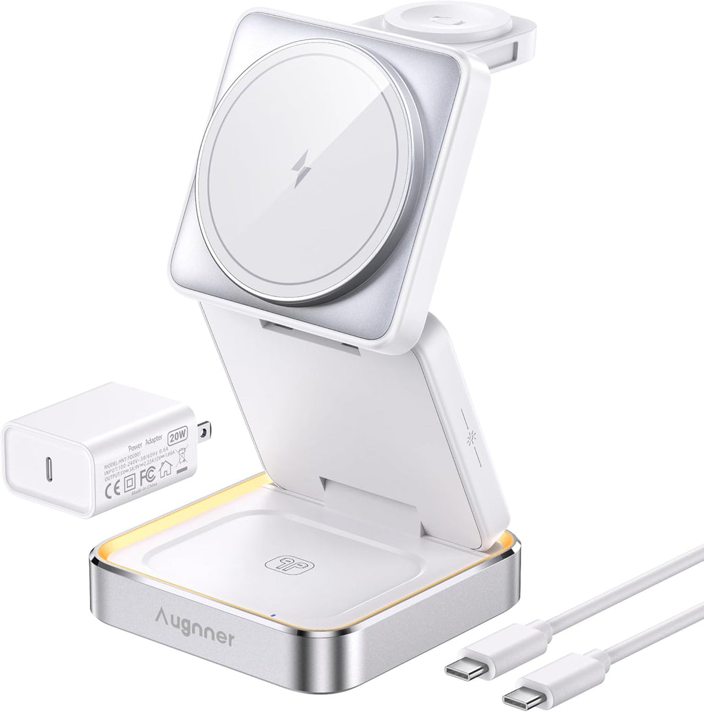 【2025 Upgraded】 Wireless Charger 3 in 1, Foldable Wireless Charging Station with Light for Apple MagSafe Charger, Travel Magnetic Charger for iPhone 16/15/14/13/12 Apple Watch AirPods (20W Adapter)