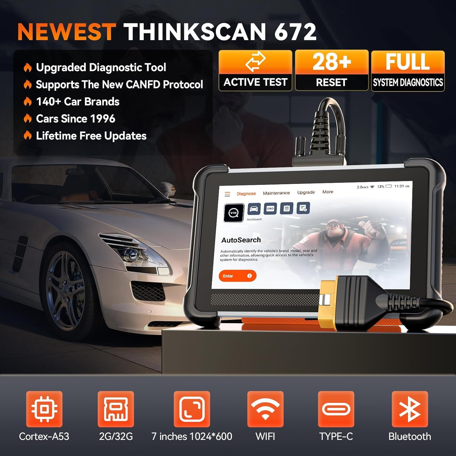 THINKCAR Bidirectional Scan Tool, Thinkscan 672 All System OBD2 Scanner Diagnostic Tool, 28 Reset,Scanner for Car with Active Test, FCA Autoauth,CANFD, Free Lifetime Upgrade,Automotive Diagnostic Tool
