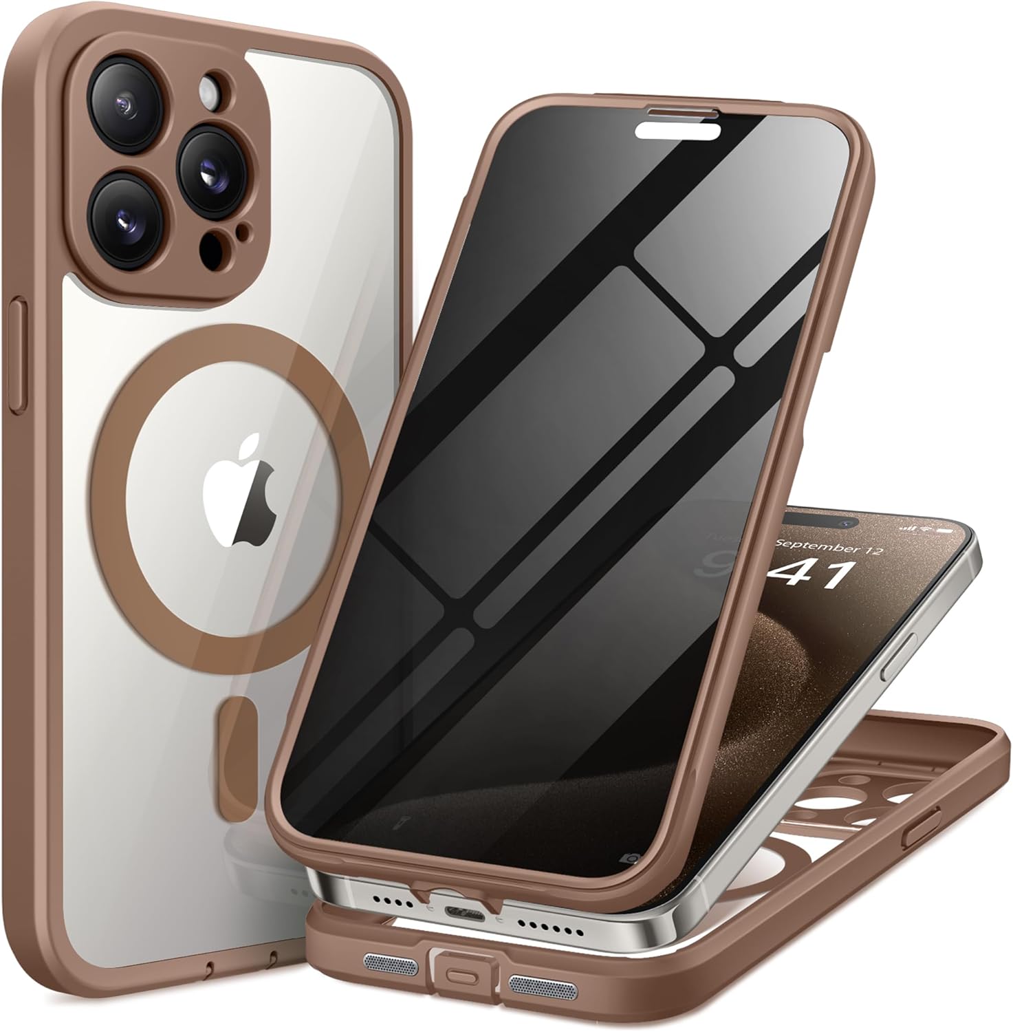 Magnetic for iPhone 15 Pro Case, Compatible with MagSafe, Built-in Privacy Screen Protector and Camera Protection, Anti Spy Full Body Dustproof Shockproof Hard Phone Case 6.1", Brown