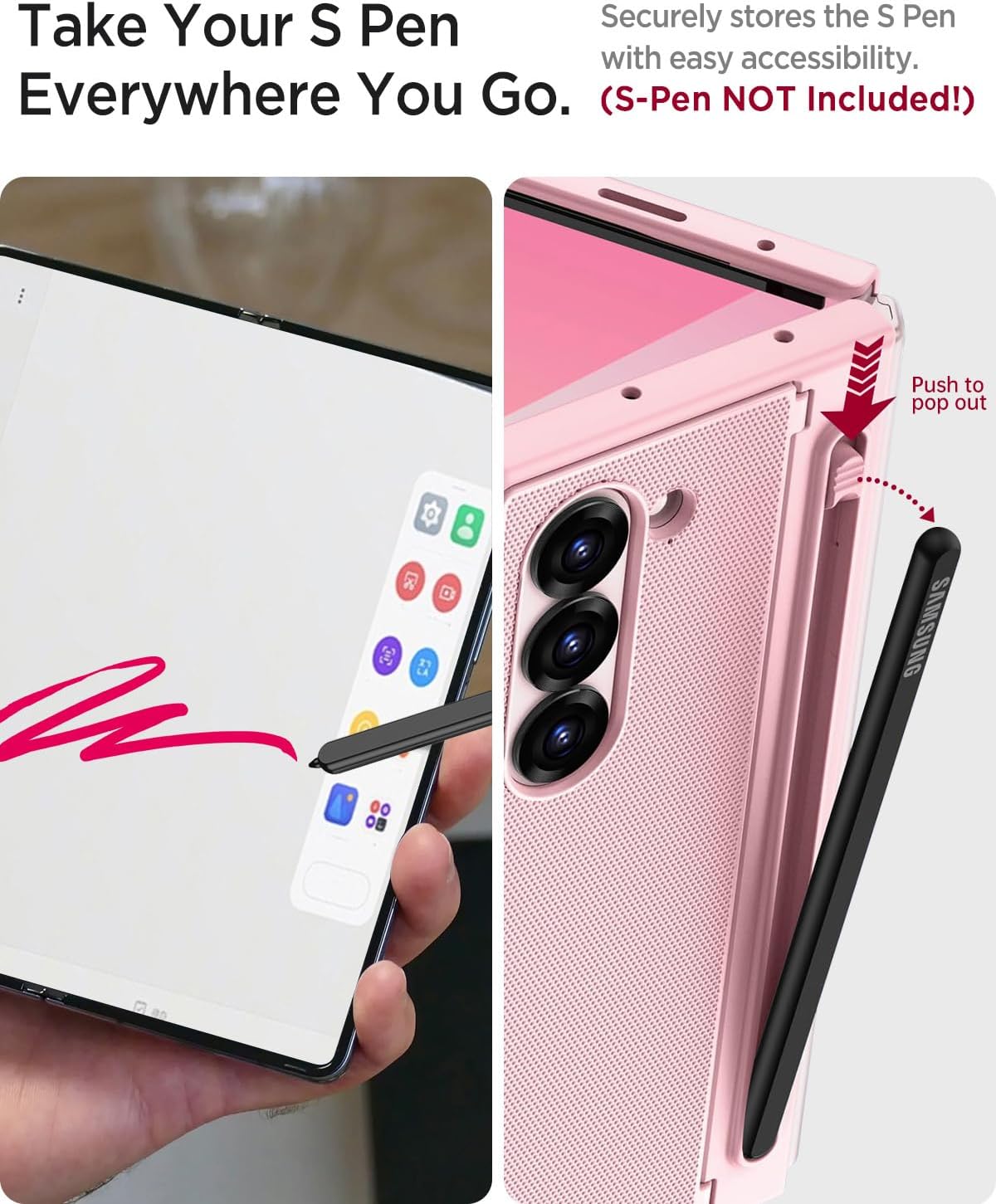 Miimall for Samsung Galaxy Z Fold 6 Case with S Pen Holder Slot [Military Grade Drop][Built-in Privacy Screen & Invisible Kickstand] Slim Thin Protective Phone Case for Galaxy Z Fold 6 5G Cover Pink