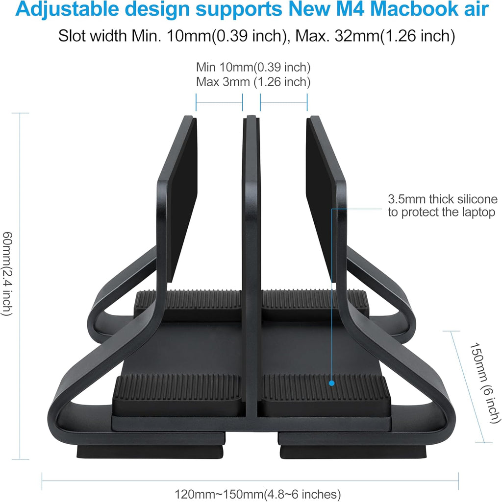 Aluminum Dual Vertical Laptop Stand Dock Holder, Supports 2 Devices, Adjustable Slot Width 15-36mm, Space-Saving Upright Storage for MacBook and Laptops