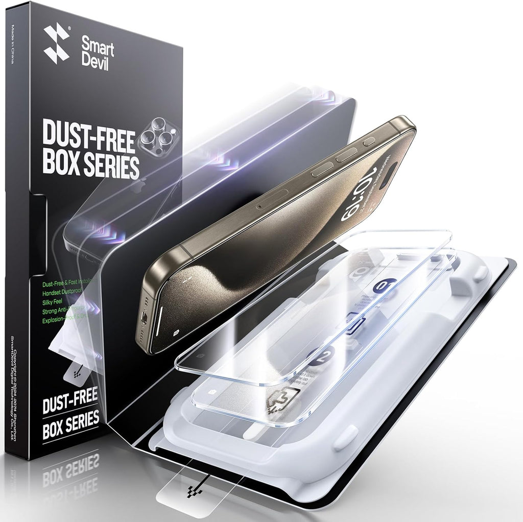 SMARTDEVIL 3 Pack Screen Protector for iPhone 15 Pro, Bubble-and-Dust-Free Box, HD Tempered Glass, Military Grade Shatterproof & Ultra Durable, Easy Installation