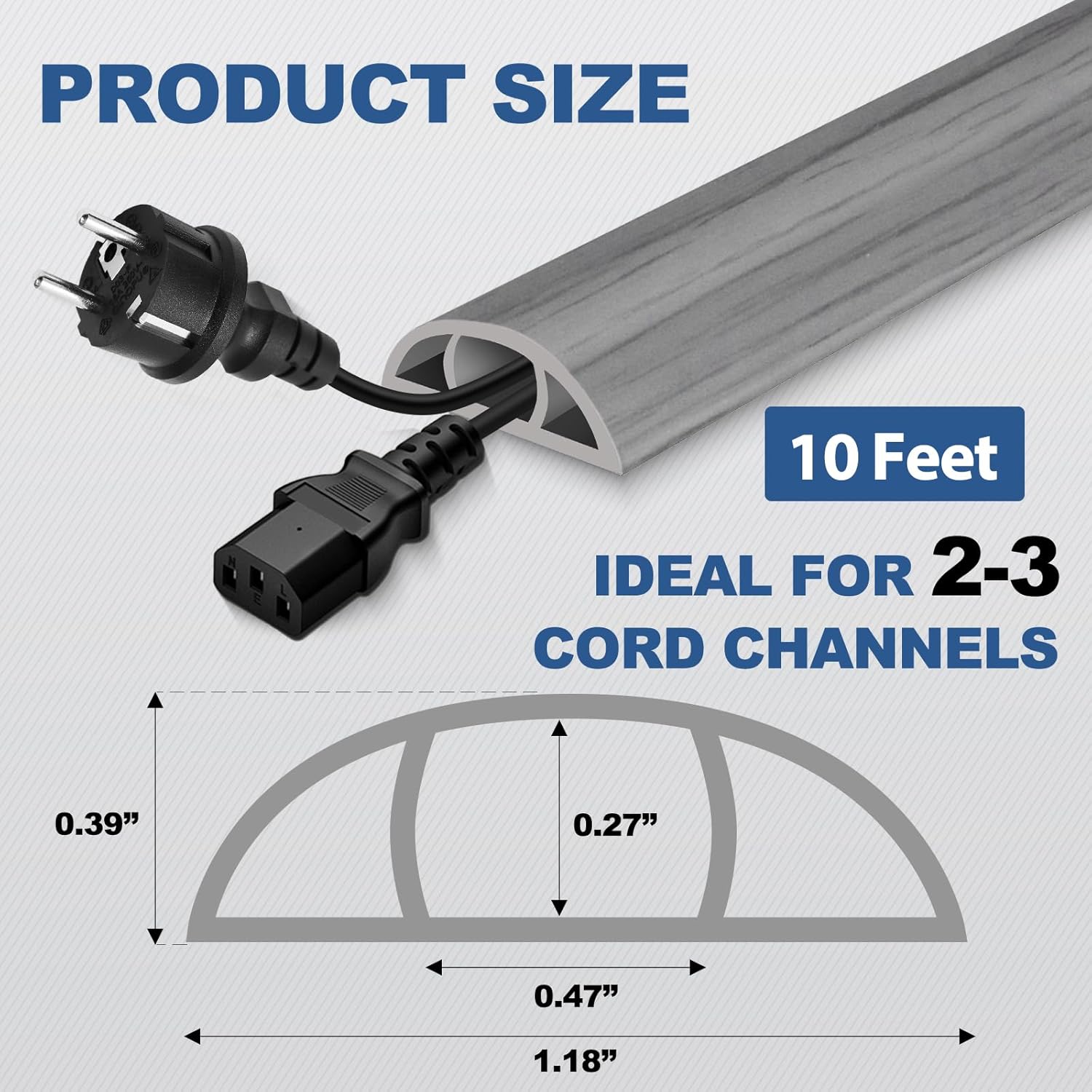 Floor Cord Cover for Wires on Floor Self Adhesive Cord Hider Floor Cable Management Wire Covers for Cords Protector Prevent Cable Trips Cord Cavity W 0.47" x H 0.27", Gray Wood, 10Ft