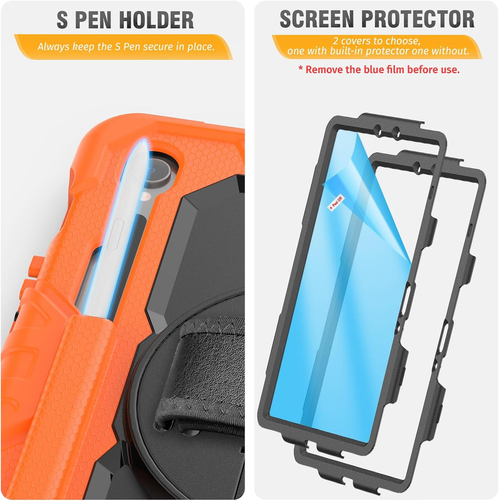 HXCASEAC Case for Galaxy Tab S10 FE / S9 FE 5G 10.9 inch, Shockproof Design with Screen Protector, 360° Hand Strap Stand, S Pen Holder, Heavy Duty Protective Samsung S9 FE / S10 FE Tablet Case,Orange