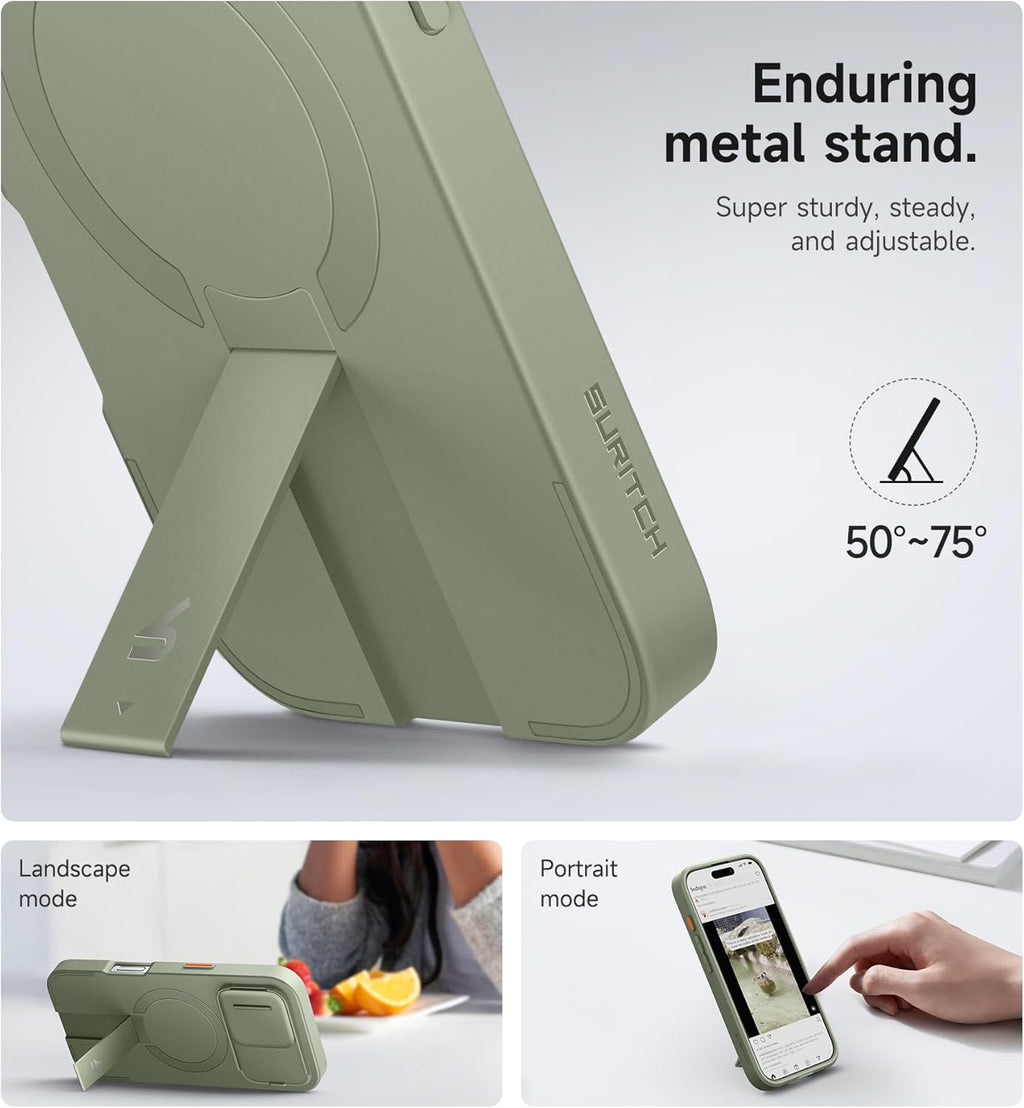 SURITCH for iPhone 16 Pro Case with Slide Camera Cover and Adjustable Kickstand, Compatible with MagSafe, Shockproof Bumper Case Slim Protective Cover for iPhone 16 Pro 6.3 Inch,Green