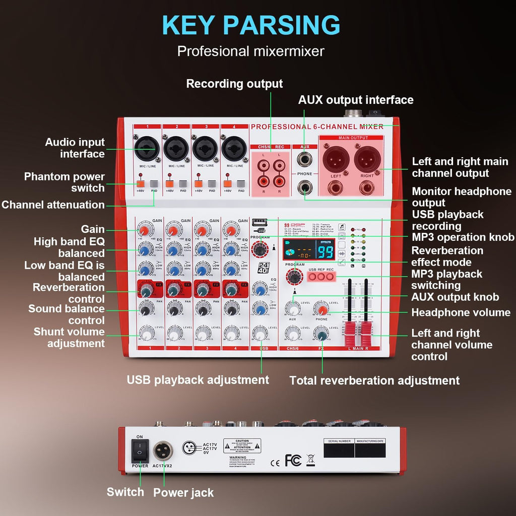 MW-6 6 Channel Professional DJ Audio Mixer, Portable Controller Mixer with DSP 99 Preset Effects for Live Streaming, Podcasting, Family Party (mw-6 white)