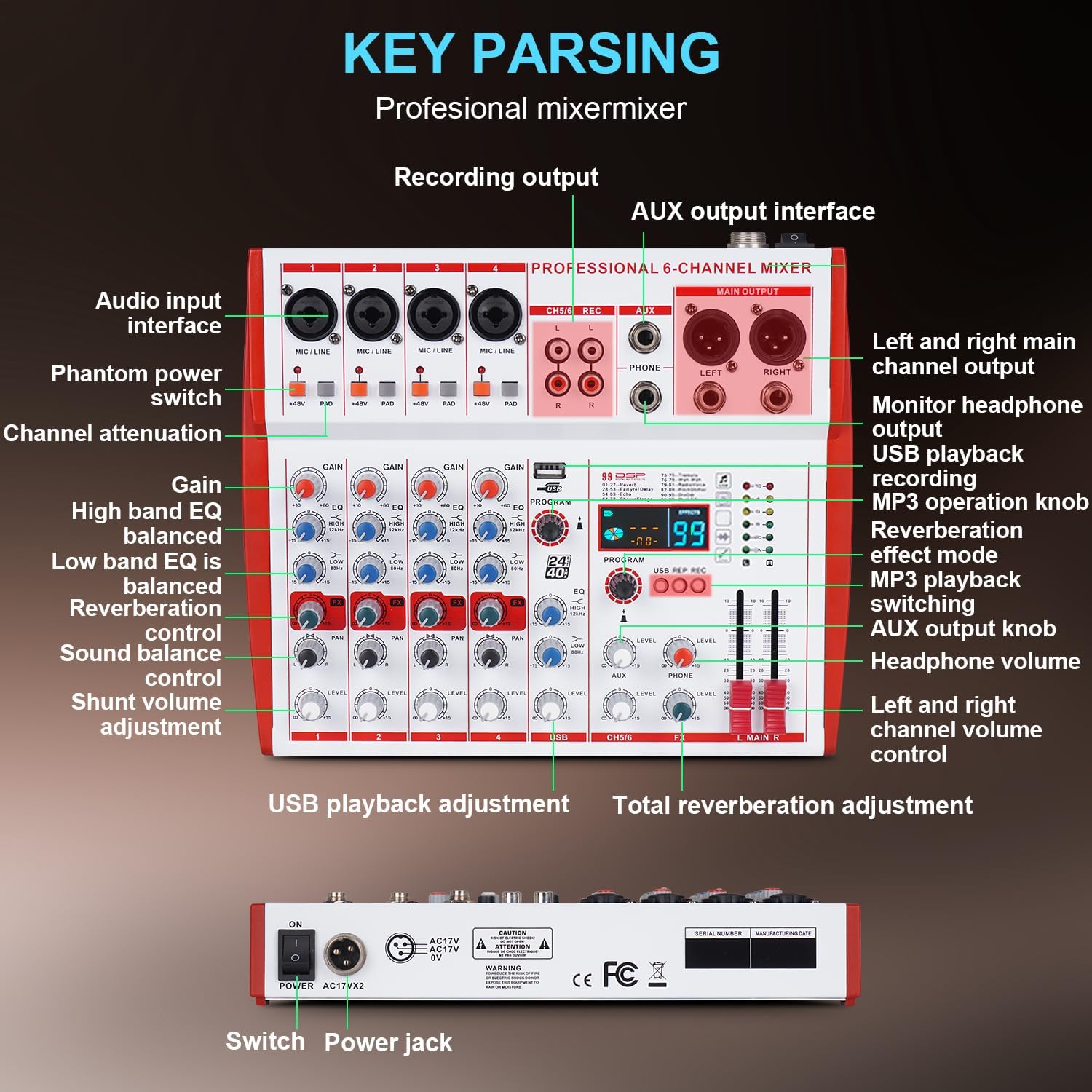 MW-6 6 Channel Professional DJ Audio Mixer, Portable Controller Mixer with DSP 99 Preset Effects for Live Streaming, Podcasting, Family Party (mw-6 white)