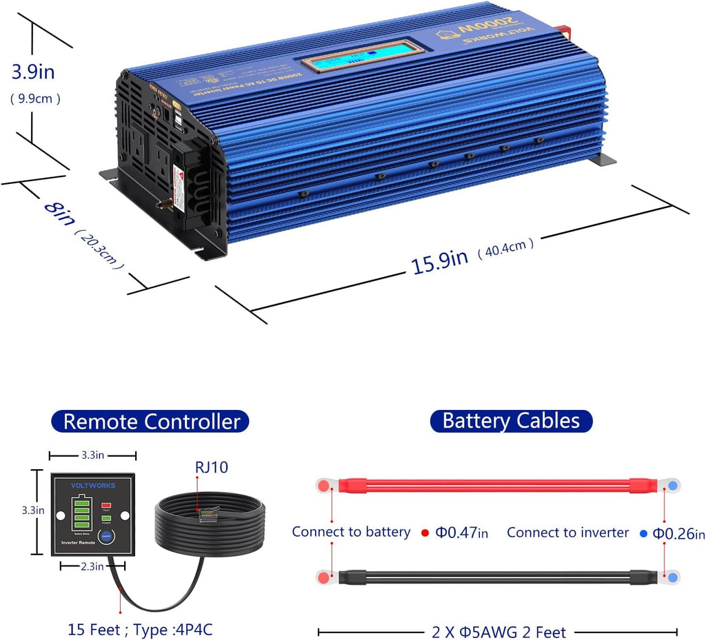 Power Inverter 2000w DC 12V to AC 120V ETL UL458 Compatible with Lithium Battery for Off-Grid Solar Car RV Truck Boat with LCD Display Remote Control 2 AC Outlets Dual 2.4A USB Ports by VOLTWORKS