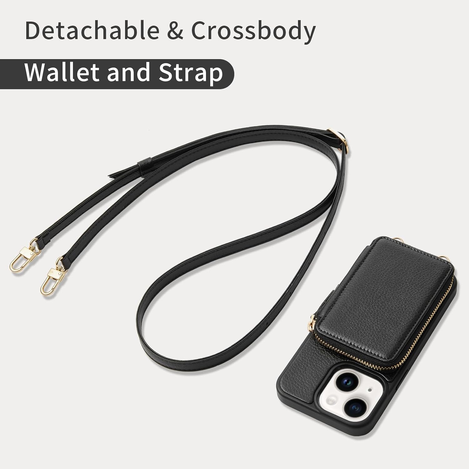 ZVE for iPhone 15 Wallet Case, Card Holder Crossbody Phone Purse for Women, Zipper Leather RFID Blocking Carrying Cover with Wrist Strap for iPhone 15 (6.1 inch)- Black