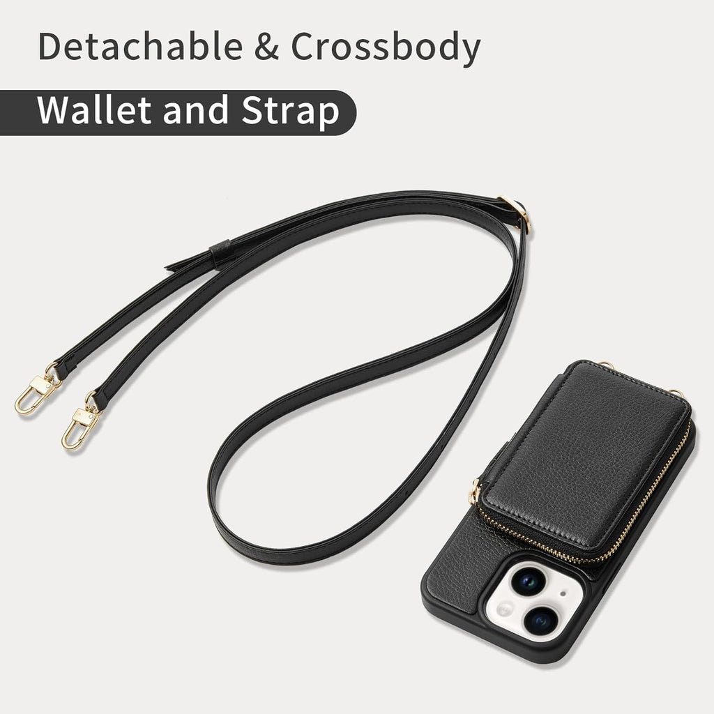 ZVE Crossbody Wallet Case Compatible with iPhone 15 Plus, Card Holder Phone Purse for Women, RFID Blocking Zipper Leather Cover with Wrist Strap for iPhone 15 Plus (6.7 inch)- Black