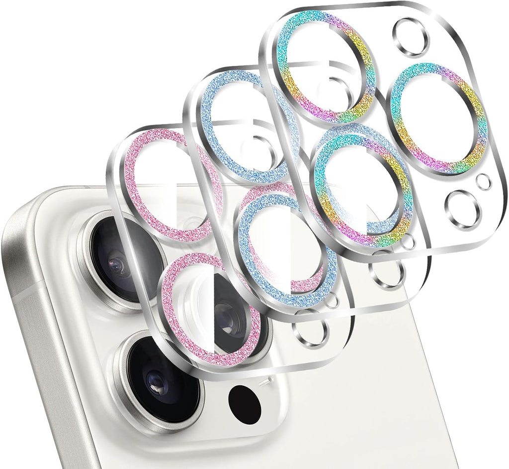 LucBuy 3PCS Sparkling Camera Lens Protector for iPhone 12 Pro Max, Full Clear Acrylic Lens Cover with Shiny Colorful Glitter Designed Decoration Back Camera Protector