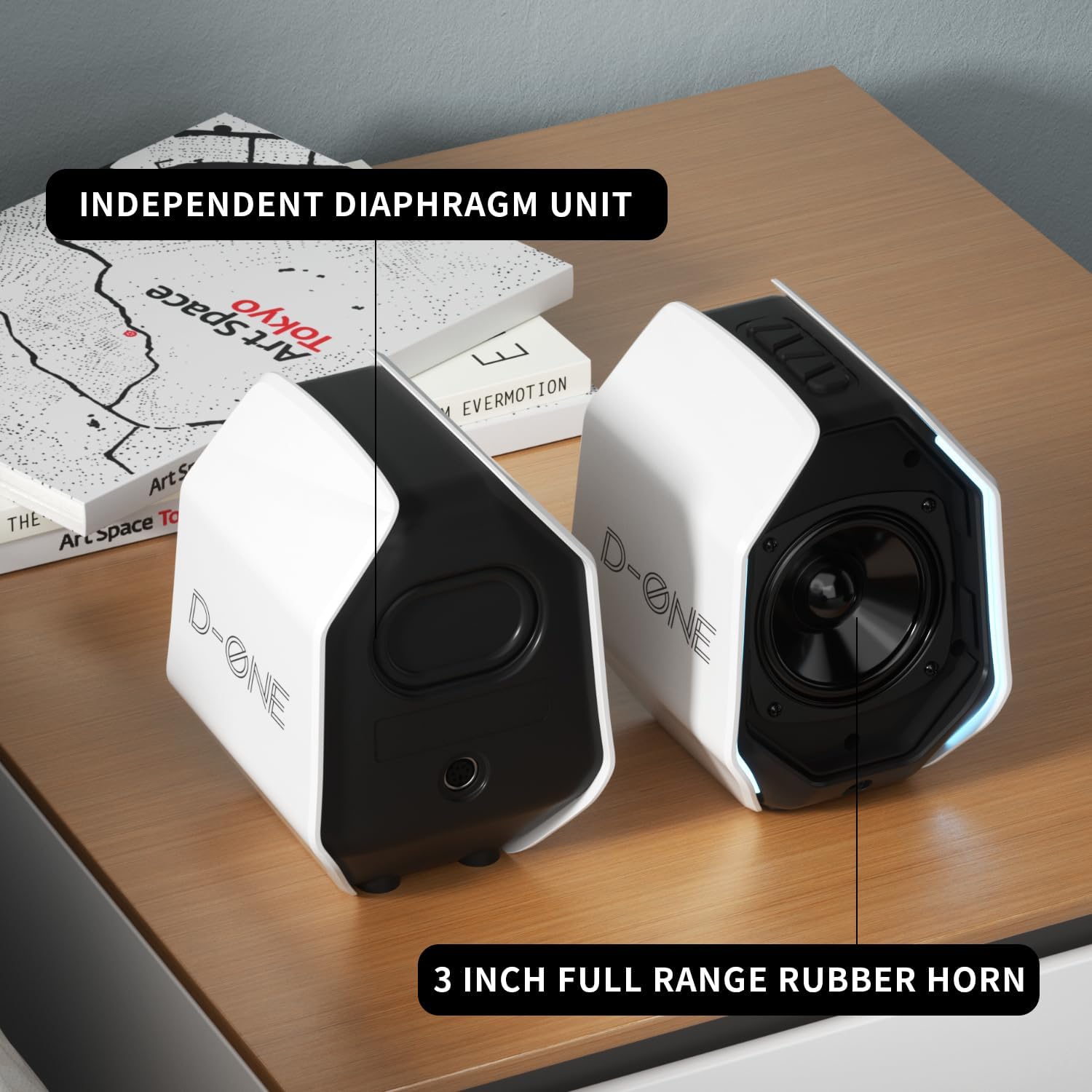D-ONE 30W PC Gaming Computer Speakers for Laptop, Mac, Desktop Computer, Woofer Speakers, Bluetooth, USB, 3.5mm AUX Inputs, RGB Lights, Multimedia Speakers, White