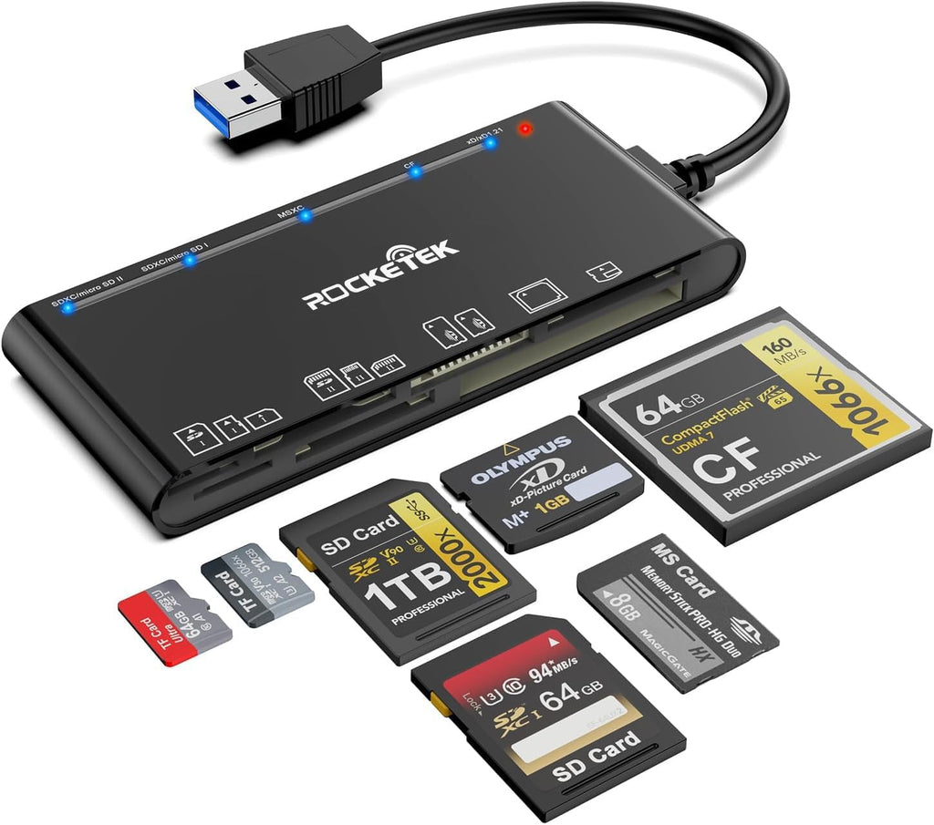xD-Picture Card Reader USB 3.0, Multi-Card Reader for xD/CF/MS/SD/TF, 7-in-1 Memory Card Reader/Adapter for Windows, Mac, Linux (USB-A)