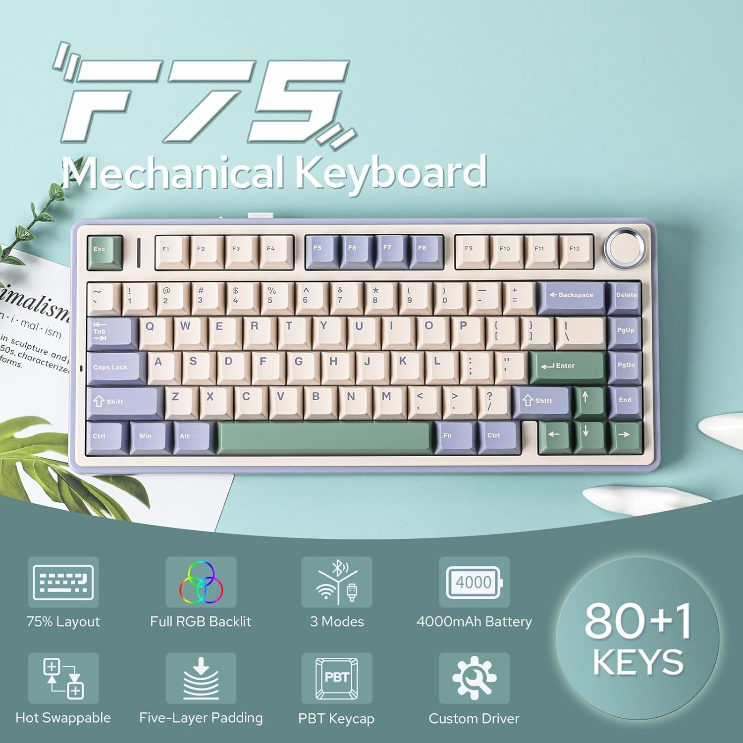 EPOMAKER x Aula F75 Gasket Mechanical Keyboard, 75% Wireless Hot Swappable Gaming Keyboard with Five-Layer Padding&Knob, Bluetooth/2.4GHz/USB-C, RGB (Green, Crescent Switch)