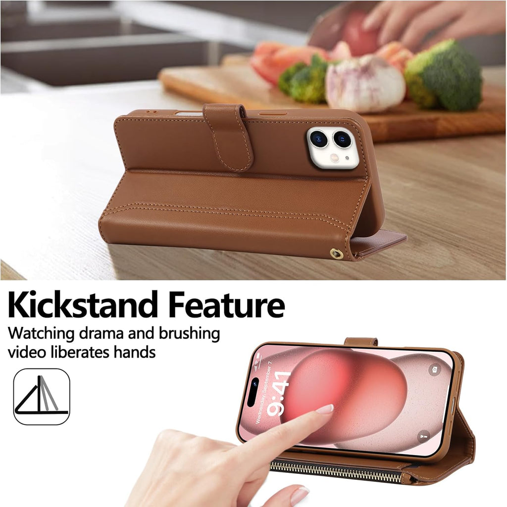 Compatible with iPhone 11 Wallet Phone Case-PU Leather Magnetic Flip Cover with Credit Card Slots,Zipper Pocket & Detachable Wrist Strap,Shockproof Design,for Women and Men-Brown