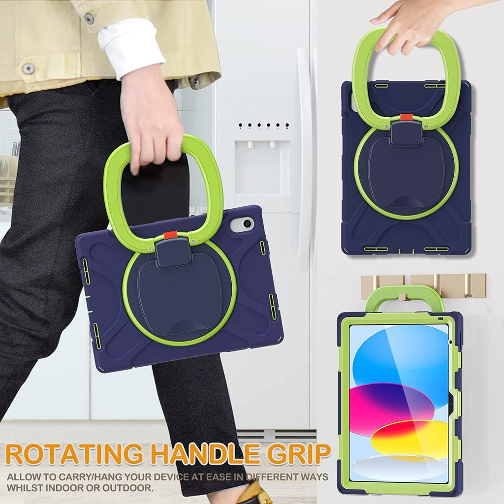 SCSVPN Case for iPad (A16) 11th Generation 11-inch 2025/10th Generation 10.9 Inch 2022, Full Body Shockproof Protective Cover with Pencil Holder, Rotating Stand & Handle, Shoulder Strap - Navy Green