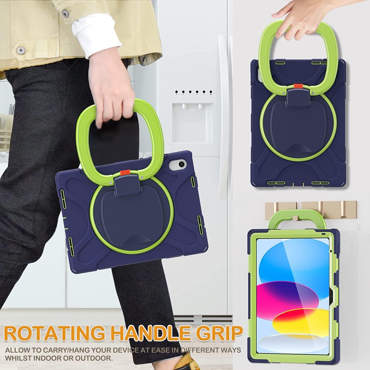 SCSVPN Case for iPad (A16) 11th Generation 11-inch 2025/10th Generation 10.9 Inch 2022, Full Body Shockproof Protective Cover with Pencil Holder, Rotating Stand & Handle, Shoulder Strap - Navy Green