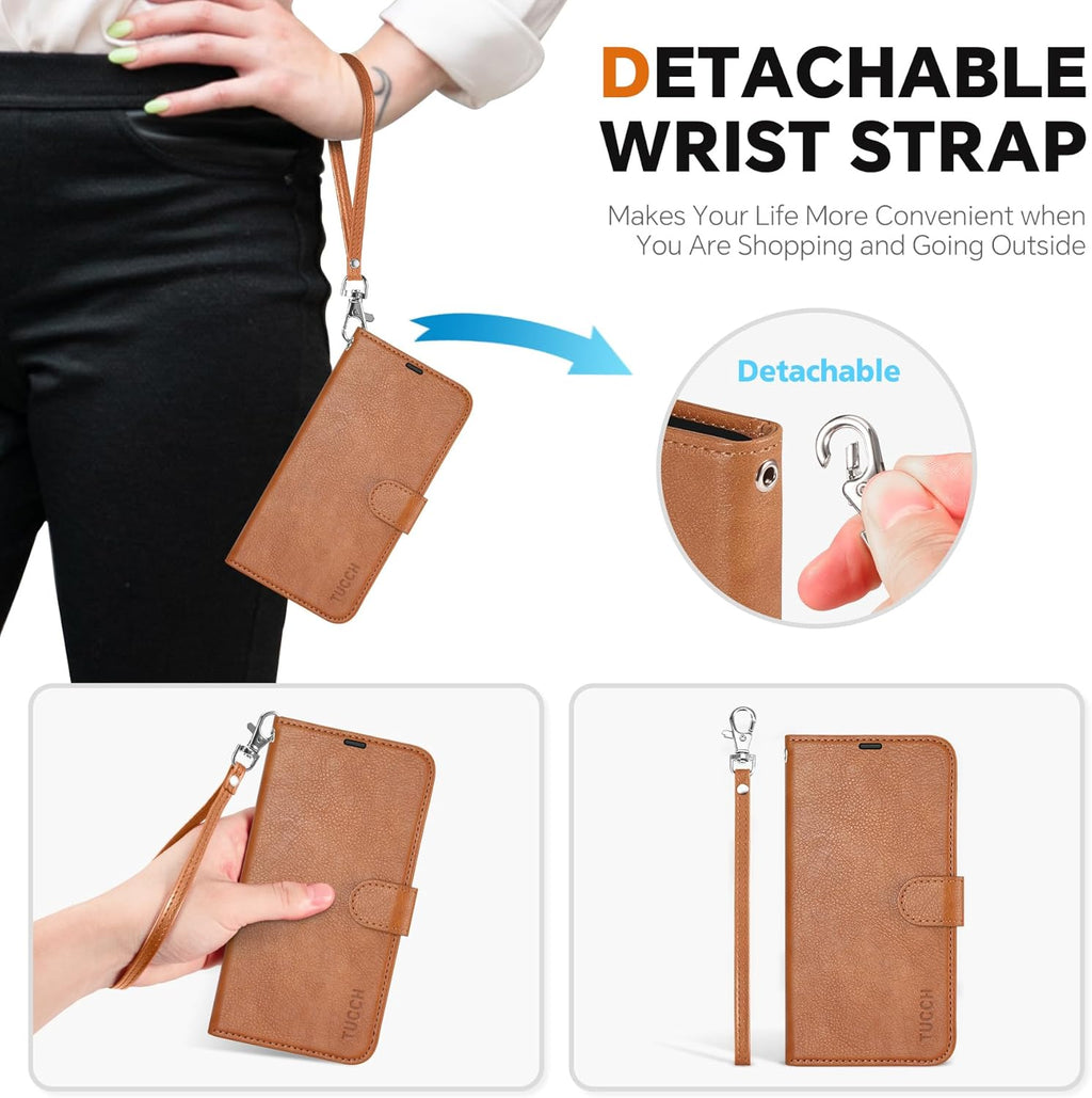 TUCCH Wallet Case for Galaxy S25 Edge, Removable 2 in 1 RFID Blocking [4 Card Slot] Wrist Strap [Wireless Charging] Kickstand PU Leather Magnetic Detachable Protective Cover for Galaxy S25 Edge, Brown