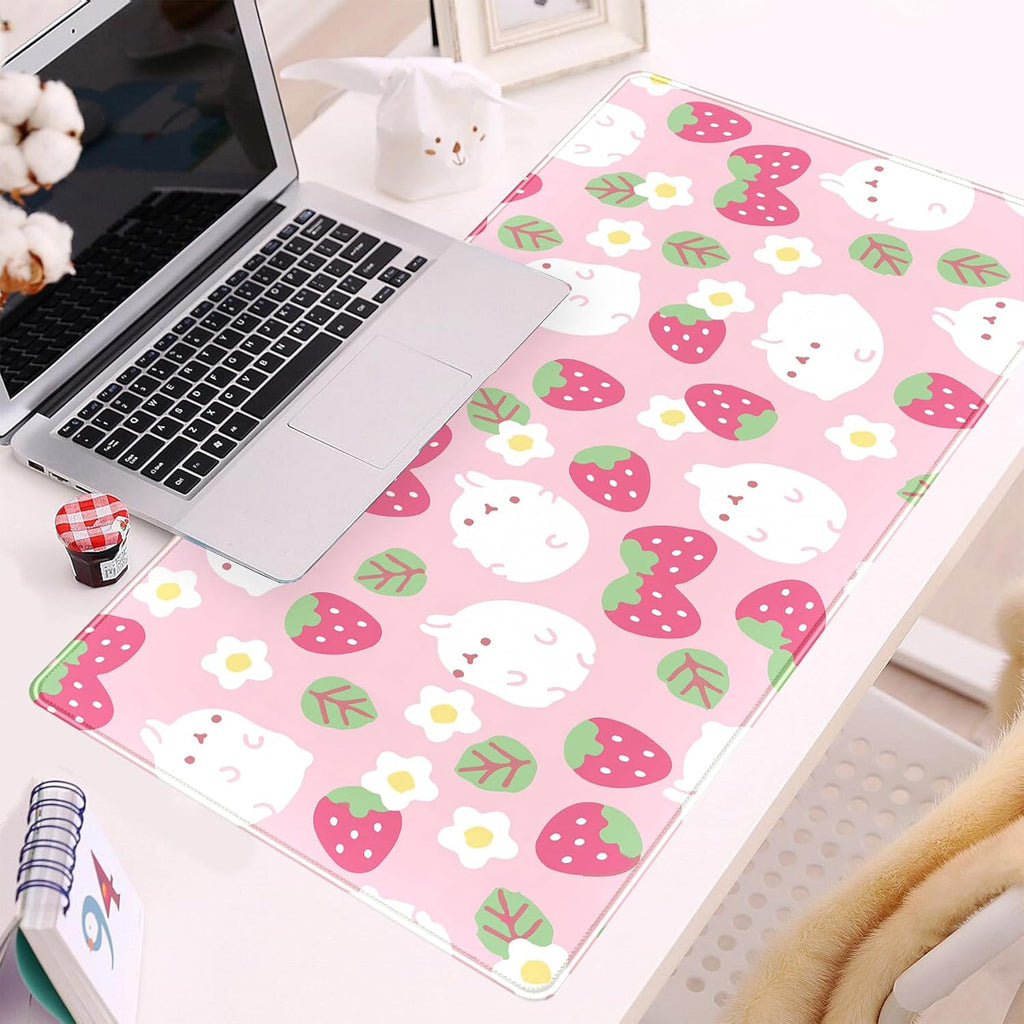 Pink Kawaii Desk Mat, Strawberry Field Desk Pad Large, Extended Mouse Pad Cute, XXL Laptop Computer Keyboard Mat Desktop Mouse Mat, Gaming Computer Pad Women Desk Decor Accessories 31.5"x15.75"